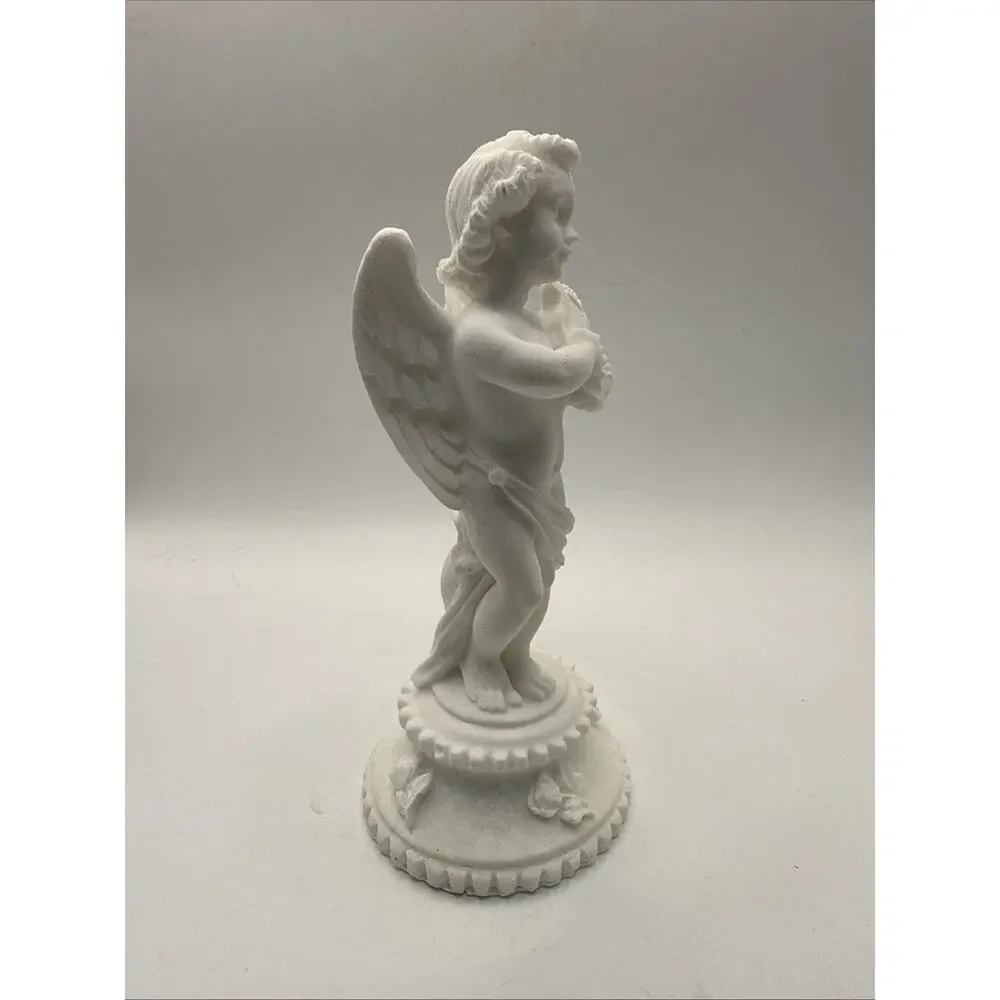 Vintage White Bisque Porcelain Cherub Angel Playing Lyre Harp Figurine *